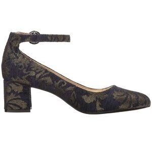 Bandolino Odear ankle-strap block heel pumps in navy and gold embroidered fabric